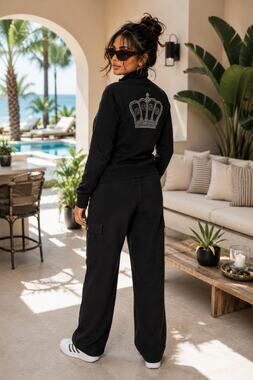 BCBGMAXAZRIA Rhinestone Crown Jacket Black Zip Sweatshirt Cotton Stretch M